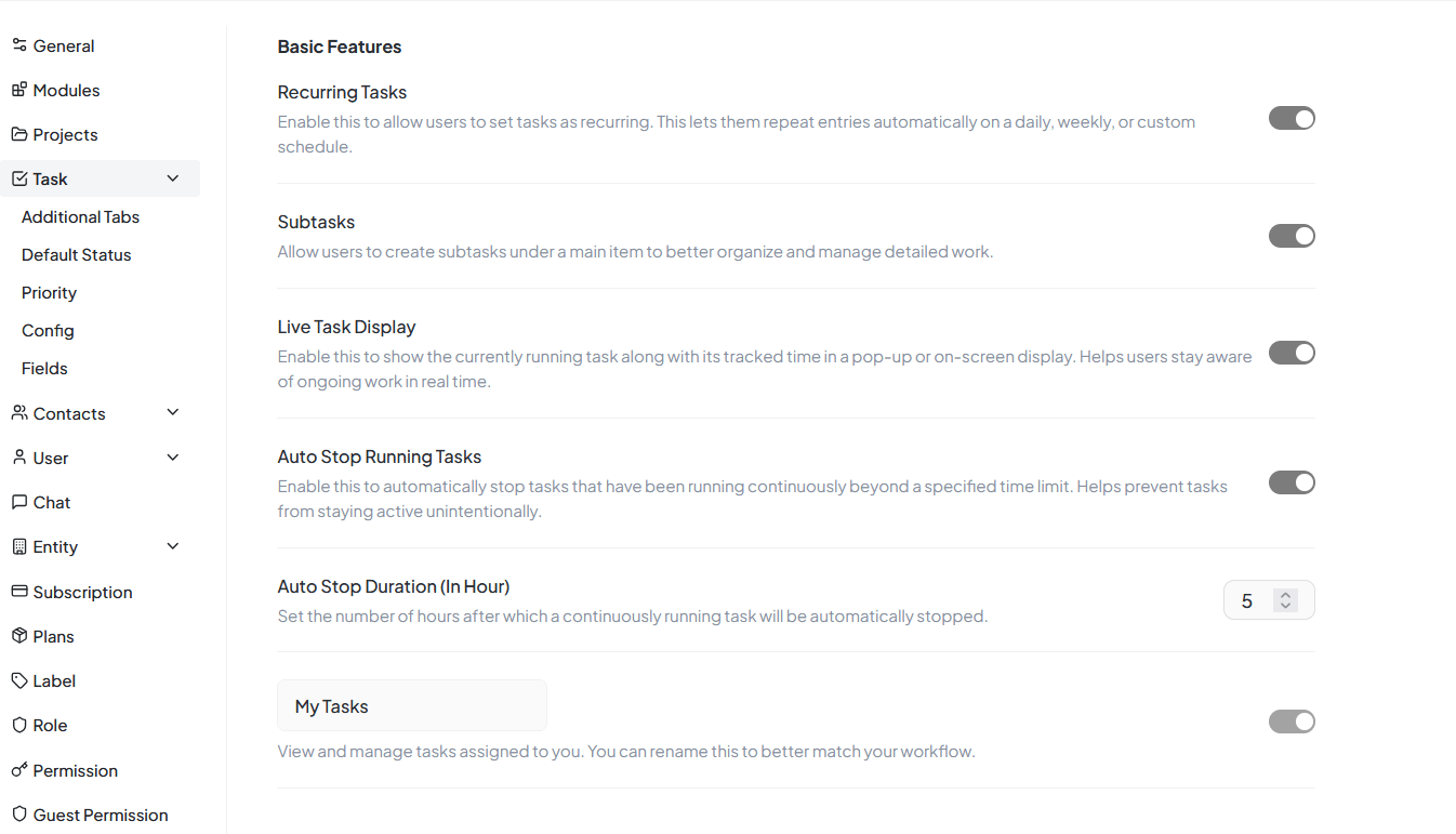 Task Settings Basic Features Interface